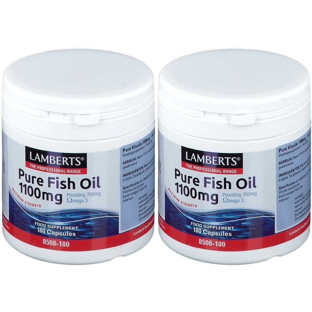 Deux pots de Lamberts Pure Fish Oil 1100mg, chacun contenant 180 gélules.