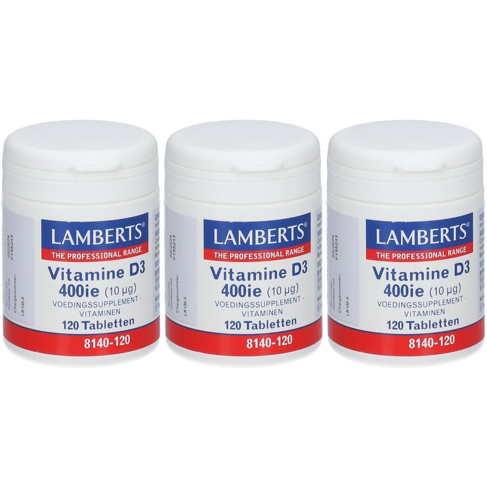 Drie potjes Lamberts Vitamine D3 400IE (10µg) met elk 120 tabletten.