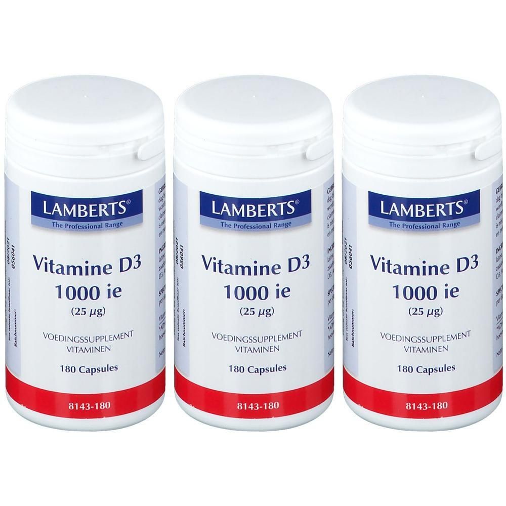 Trois flacons de Lamberts Vitamine D3 1000 UI (25 µg), chacun contenant 180 gélules.