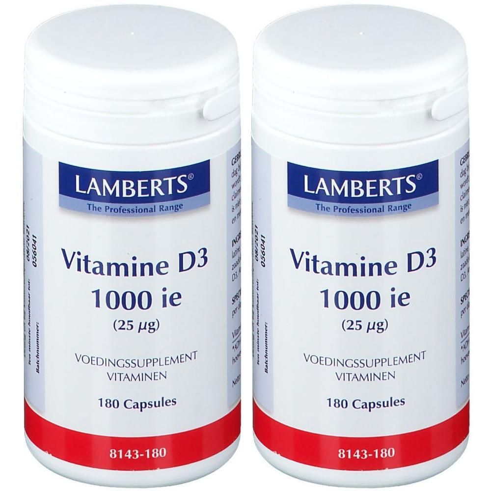 Twee potten Lamberts Vitamine D3 1000 IE (25 mcg) met elk 180 capsules.