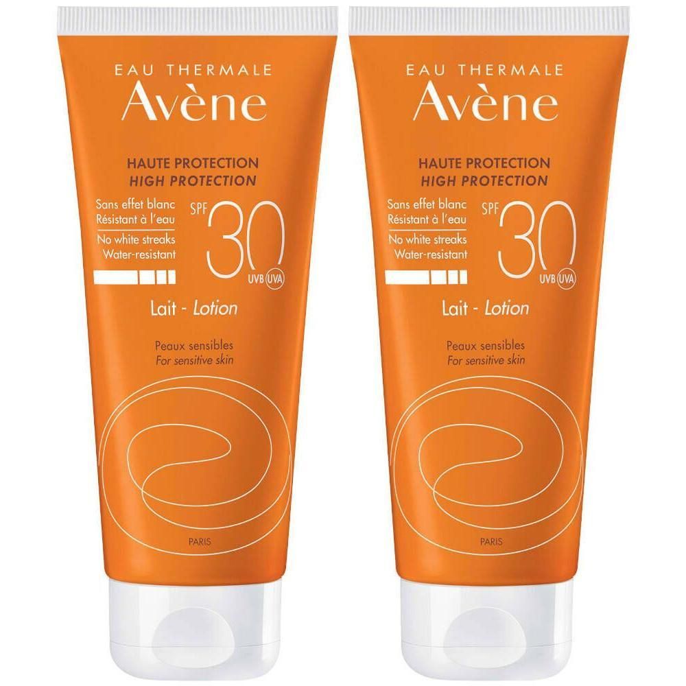 Deux tubes de Lait-Lotion Avène Solaire SPF 30. Haute protection pour peaux sensibles.