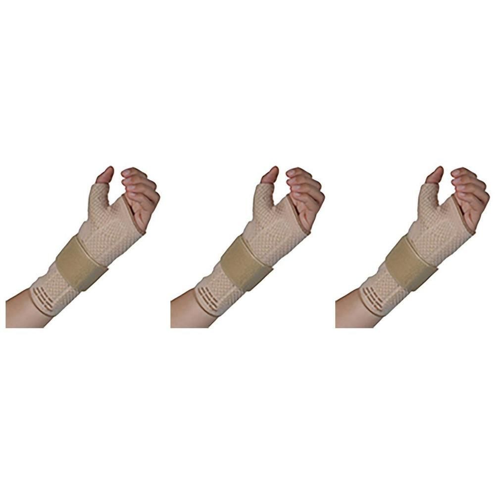Drie beige polsondersteuningen met duimopening en klittenbandsluiting.