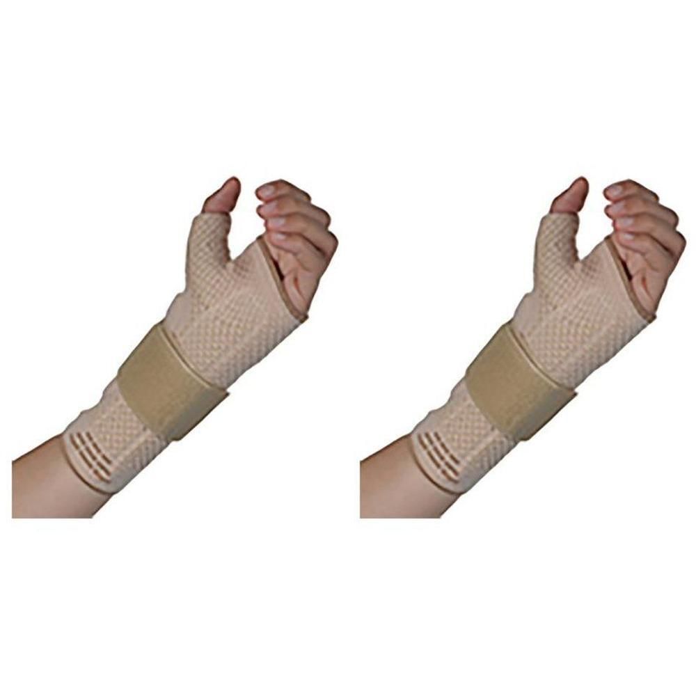 Twee beige polsondersteuningen met duimlus en klittenbandsluiting.