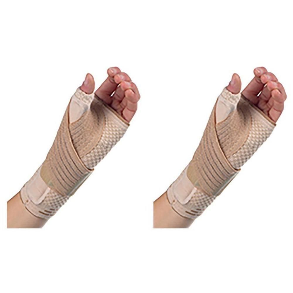 Deux orthèses de poignet beiges avec ouverture pour le pouce, portées sur des bras humains.