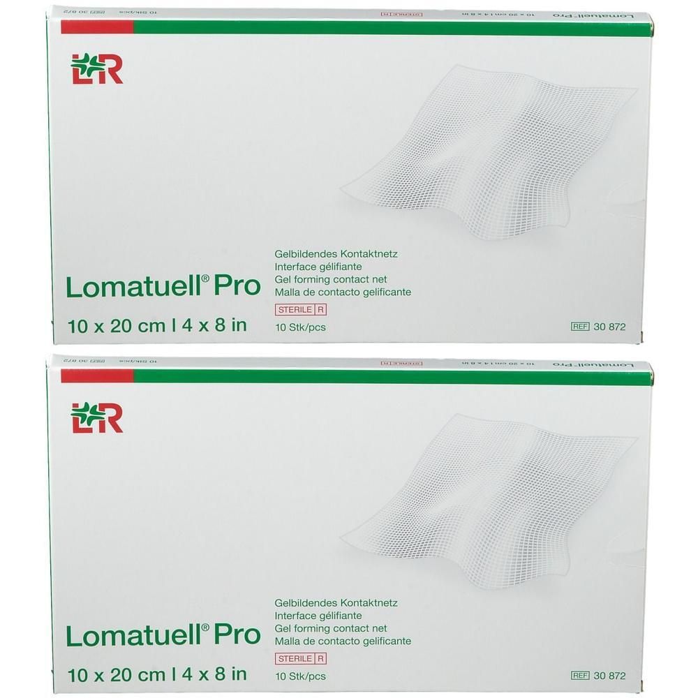 Twee verpakkingen Lomatuell Pro, 10 x 20 cm. Gelvormend contactnet, steriel.