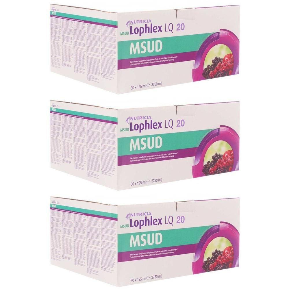 Trois paquets de Nutricia Lophlex LQ 20 MSUD avec illustration de baies.