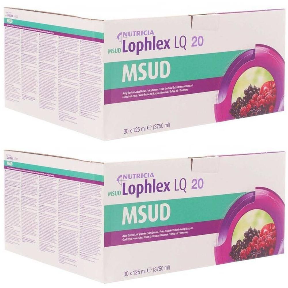 Twee pakken Nutricia Lophlex LQ 20 MSUD met bessenafbeelding. Elk pak bevat 30x 125ml.
