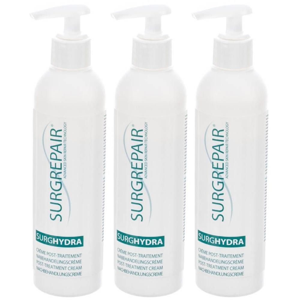 Drie witte pompflesjes met Surgrepair Surghydra nazorgcrème.