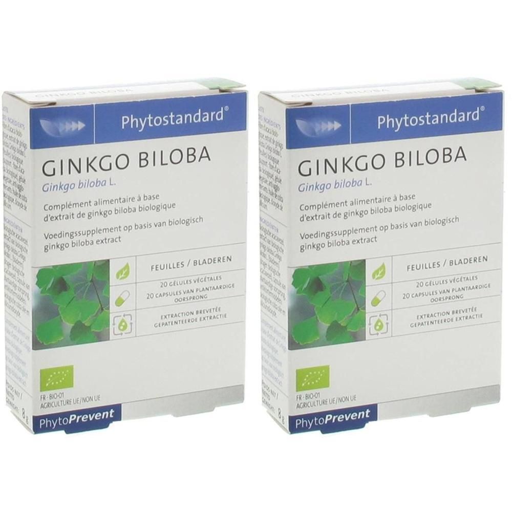 Deux boîtes Phytostandard Ginkgo Biloba, avec feuilles de ginkgo.