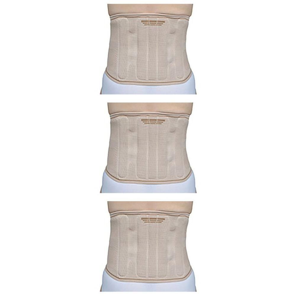 Drie identieke beige lendensteunbanden gedragen op drie vrouwelijke torso's.