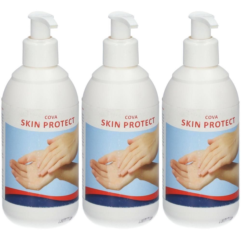 Drie witte pompflesjes met etiket "COVA SKIN PROTECT" en afbeelding van handen.
