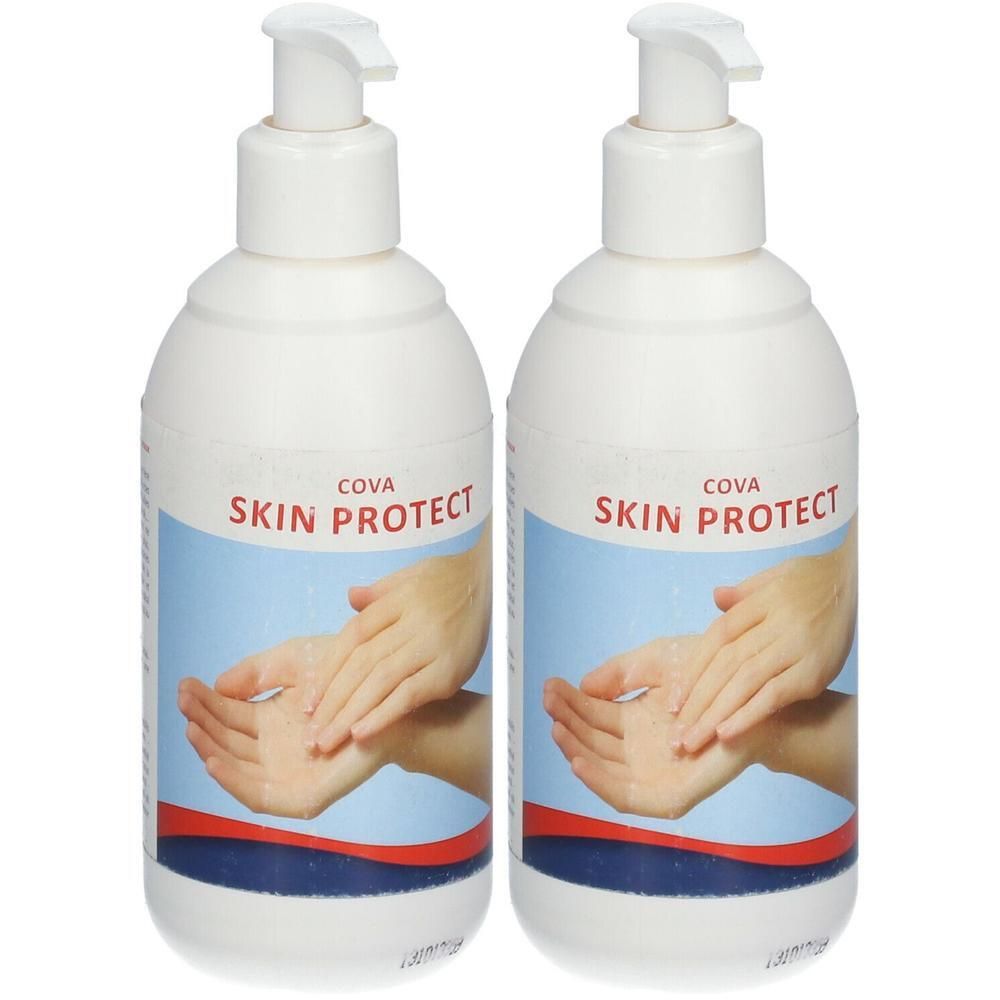 Twee witte pompflesjes met etiket "Cova Skin Protect" en afbeelding van handen.