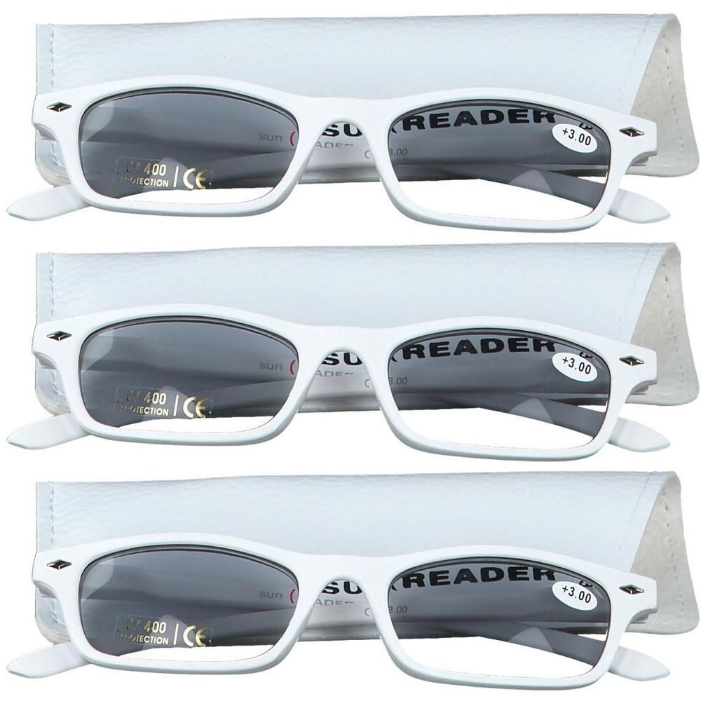 Trois lunettes de lecture blanches avec protection solaire et étui. Puissance +3.00.