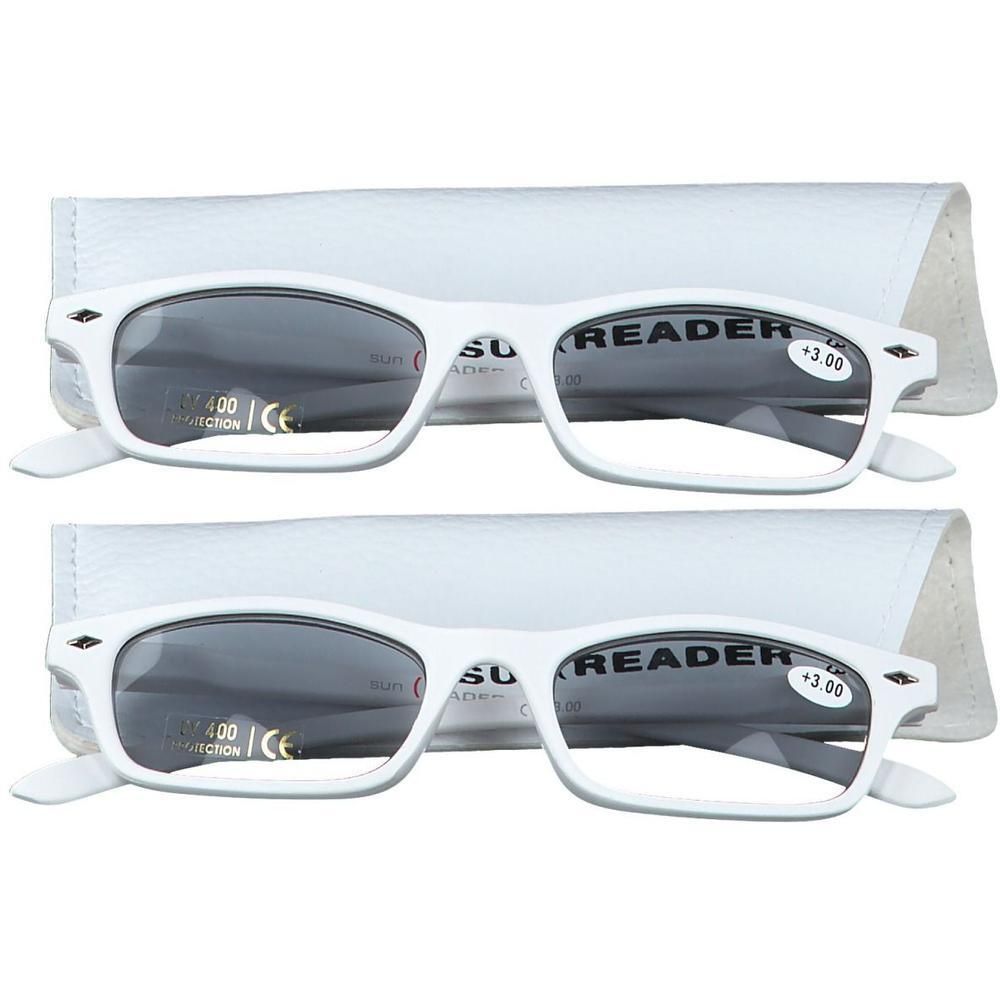 Deux lunettes de lecture blanches avec protection solaire et étui. Puissance +3.00.