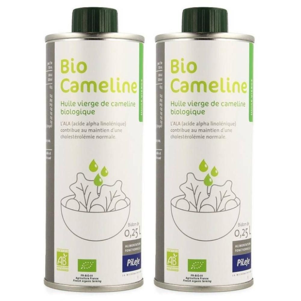 Deux bouteilles d'Huile de Cameline Bio, 0,25L. Bouchons et étiquettes verts, illustrant des feuilles de salade et des gouttes.