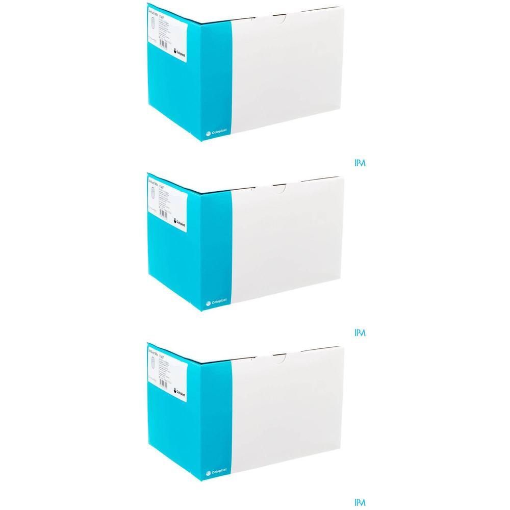 Trois boîtes blanches avec une bande turquoise et des informations produit.