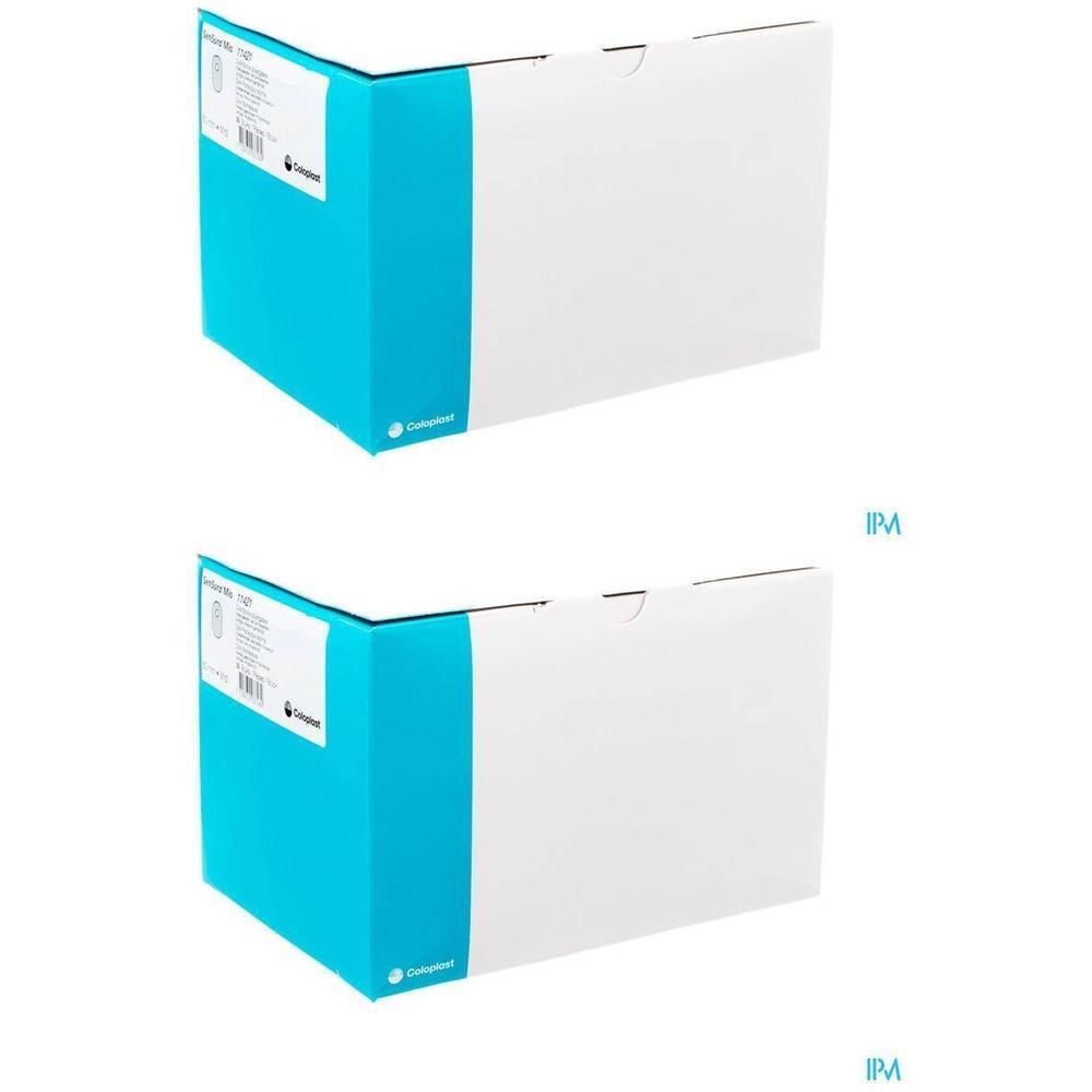 Twee witte dozen met een turquoise band en productinformatie.