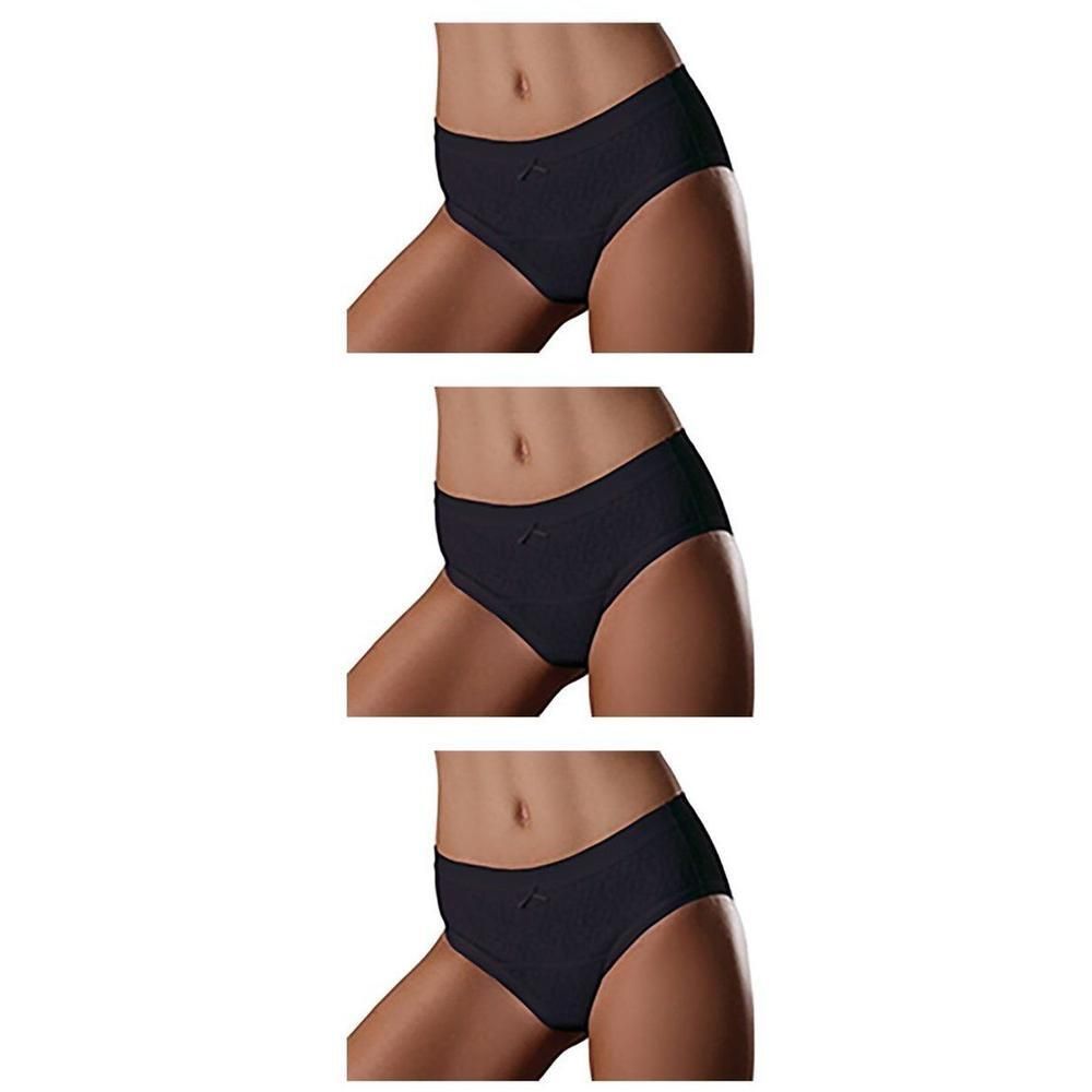 Drie zwarte damesonderbroeken met strikdetail aan de voorkant.