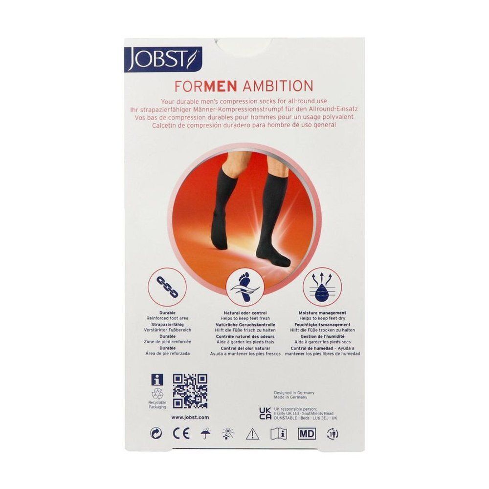 Emballage pour bas de compression Jobst Formmen Ambition pour hommes. Montre des chaussettes noires jusqu'au genou.