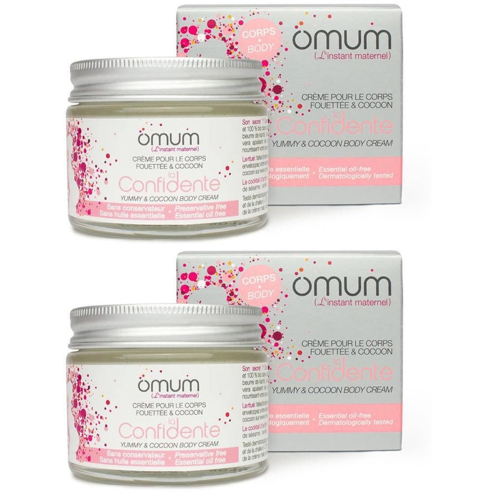 Twee potten en dozen bodycrème van Omum.