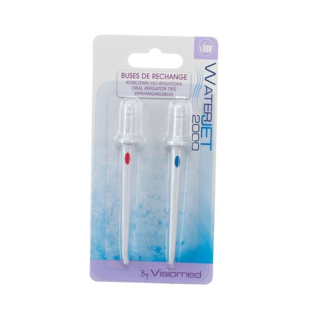 Un paquet de deux embouts de jet dentaire blancs, marqués rouge et bleu, pour le Waterjet 2000 Recharge.