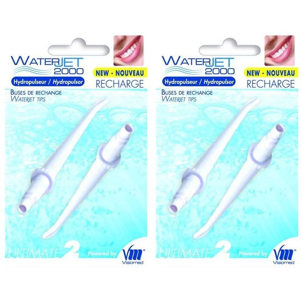 Verpakking van twee witte Waterjet 2000 navulspuitstukken voor waterflosser.