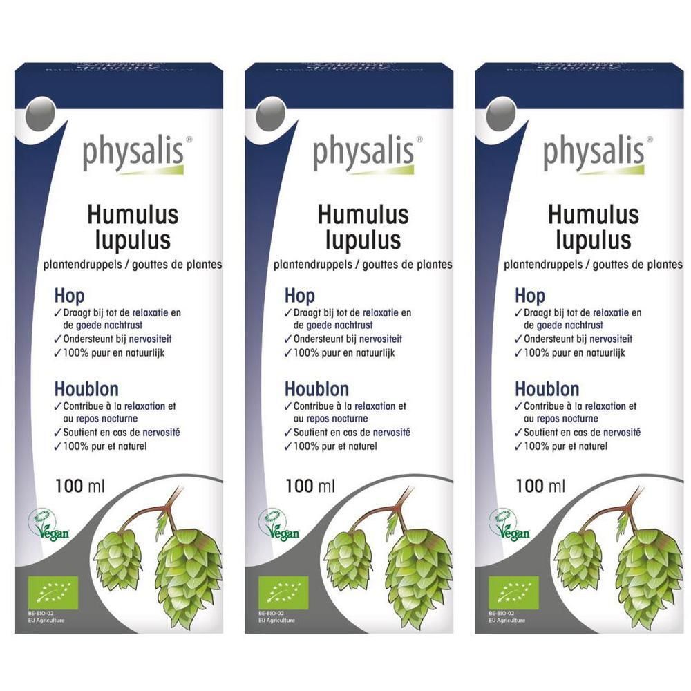 Trois flacons Physalis Humulus Lupulus Houblon gouttes, 100 ml. Avec logos Bio et Vegan.