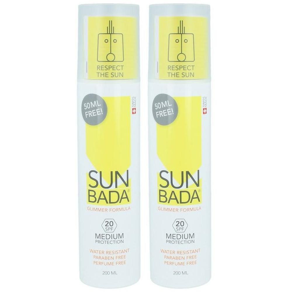 Deux flacons de crème solaire Sunbada Moyen SPF 20, 200ml.