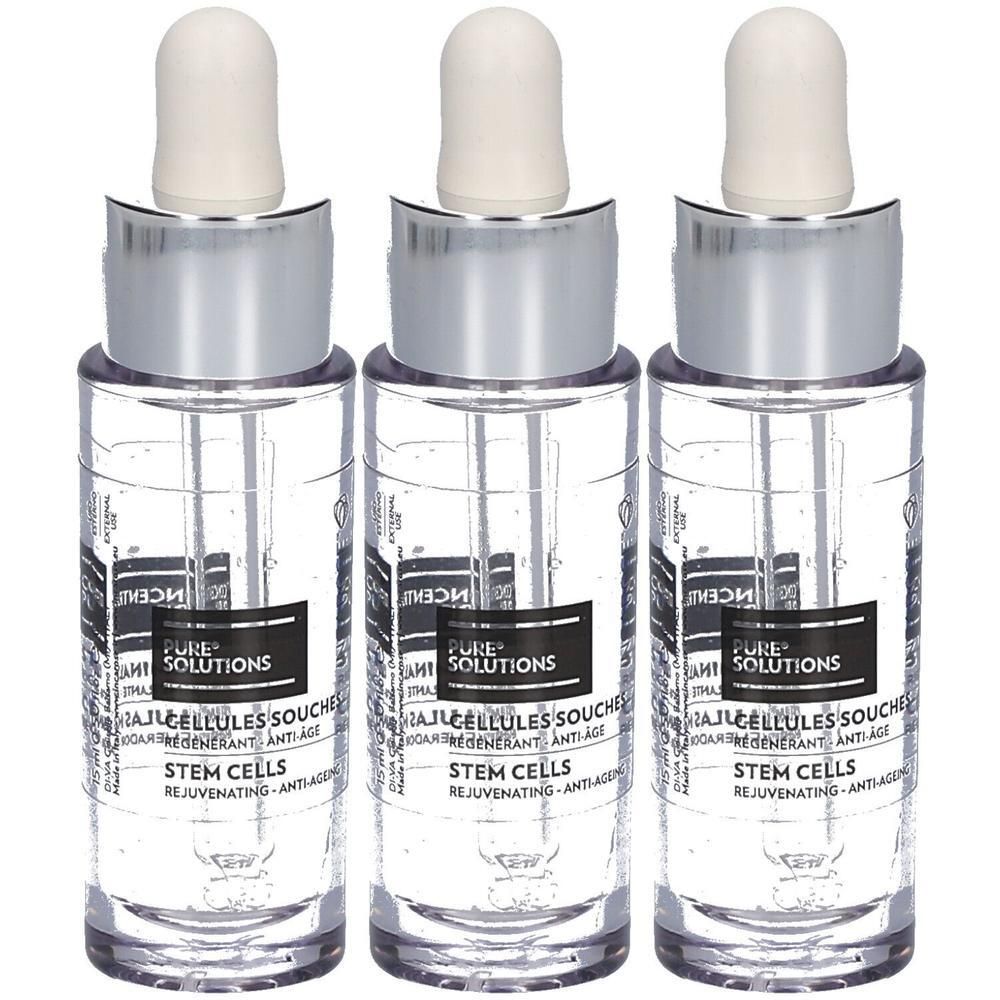 Drie flesjes met druppelaar, heldere vloeistof, etiket 'STEM CELLS REJUVENATING ANTI-AGE'.