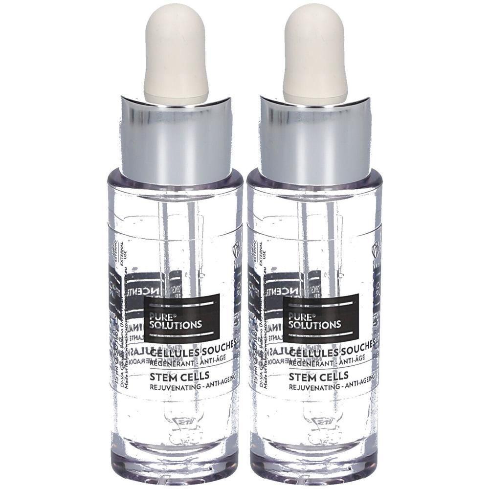 Deux flacons avec compte-gouttes, liquide clair, étiquette "STEM CELLS REJUVENATING - ANTI-AGE".