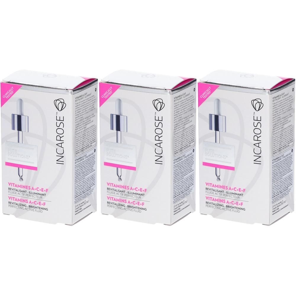 Drie dozen Incarose Vitamine A-C-E-F serum met pipet.