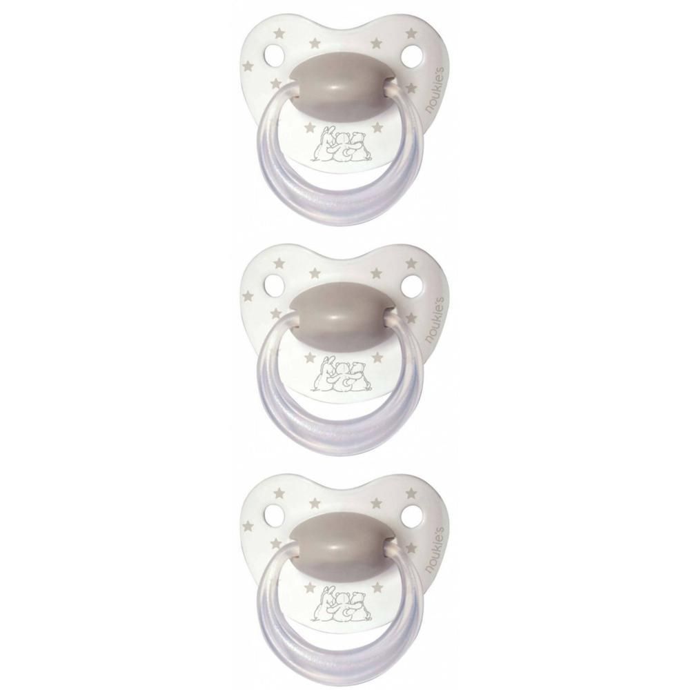 Trois sucettes blanches à étoiles grises et téton gris. Le logo représente deux animaux.