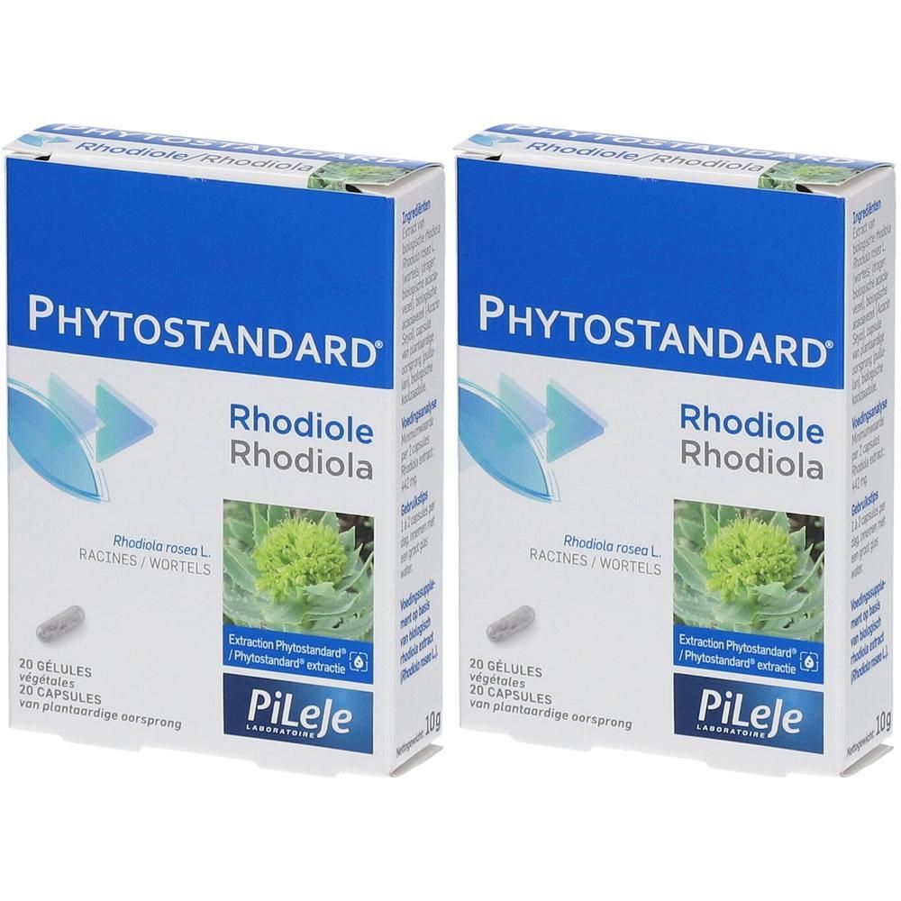 Deux boîtes Phytostandard Rhodiola de 20 gélules chacune. L'emballage présente une plante et le nom de marque Pileje.
