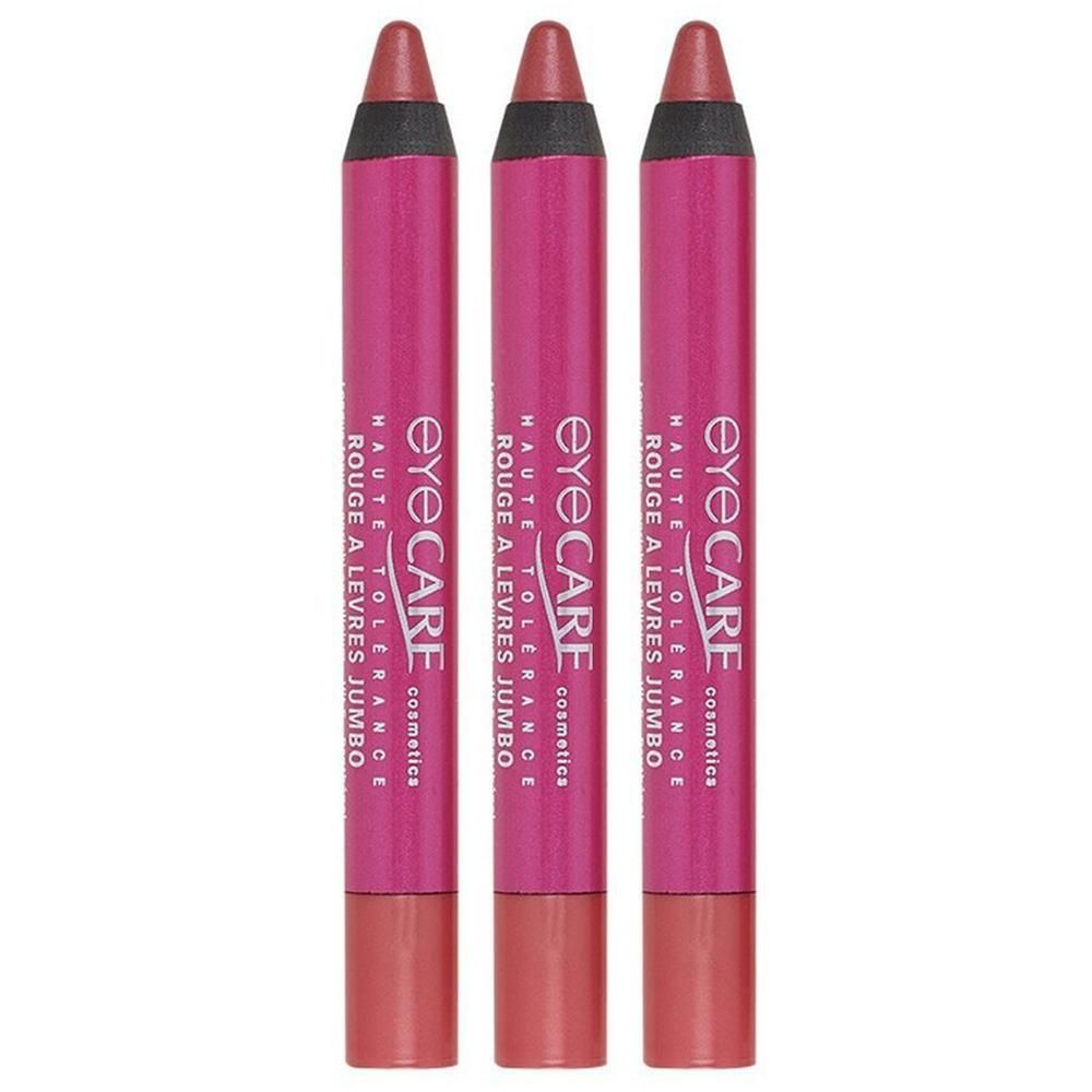 Drie roze jumbo lippenstiften met schuine punt, merk 'eye CARE cosmetics'.