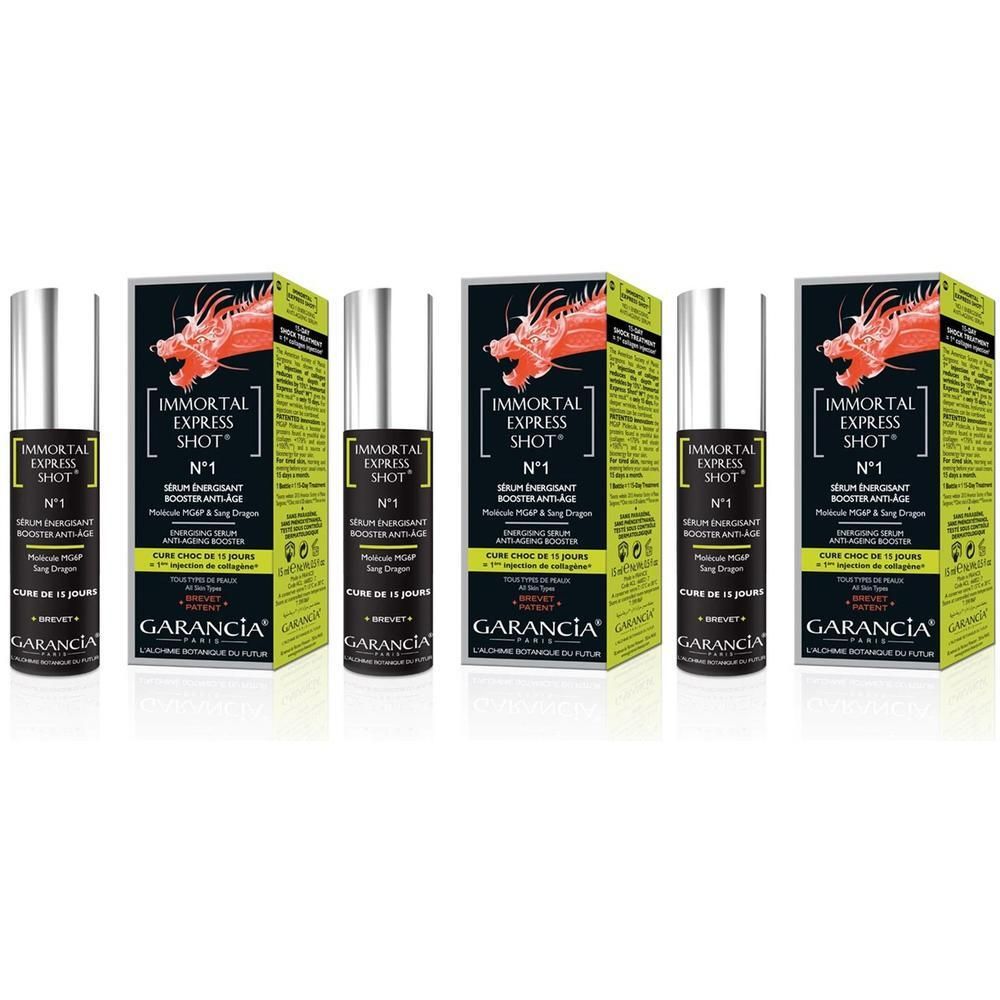 Drie flacons Immortal Express Shot Serum met dozen. Rode draak op de dozen.