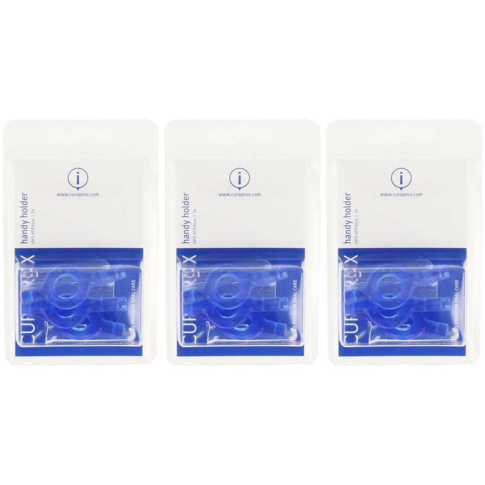 Drie pakjes blauwe interdentale borstelhouders, elk in transparante verpakking met informatie.