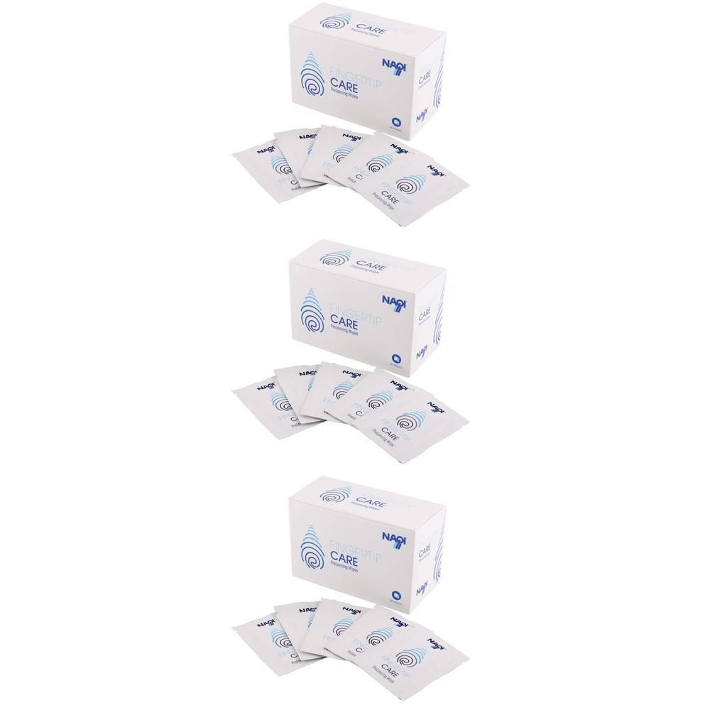 Drie NAQI® CARE doosjes met individuele doekjes ernaast.