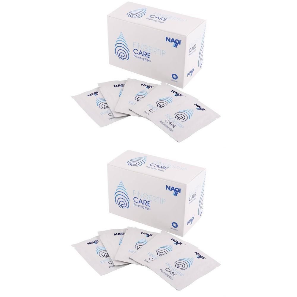 Twee dozen NAQI® Fingertip Care met individueel verpakte doekjes. Elk doekje is apart verpakt.
