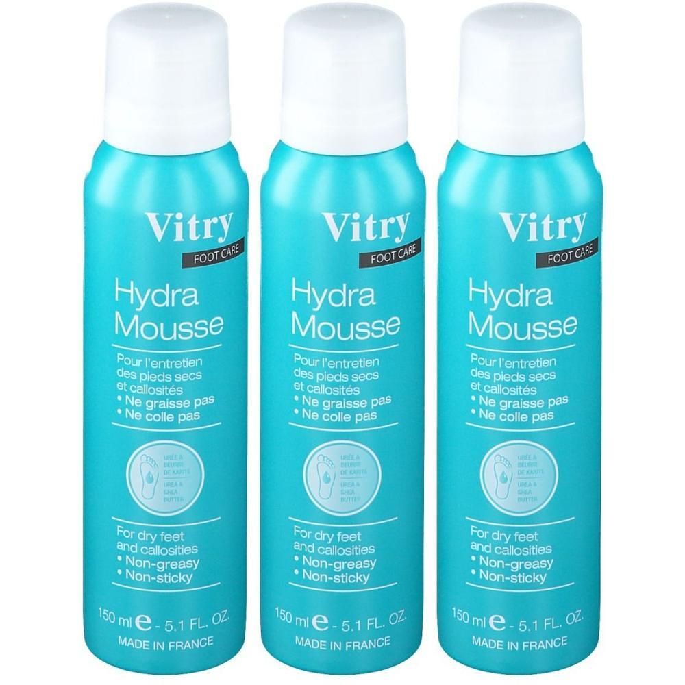Trois flacons de Vitry Hydra Mousse pour les pieds. Pour pieds secs et callosités. Non gras, ne colle pas.
