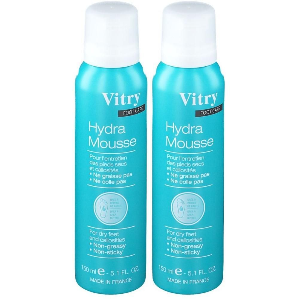 Twee flacons Vitry Hydra Mousse Voetverzorging. Voor droge voeten en eelt. Niet-vet, niet-plakkerig.