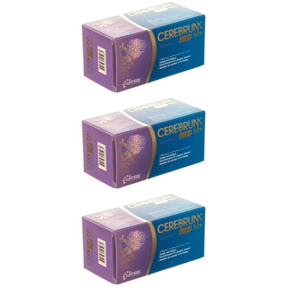 Trois boîtes de Cerebrum Gold 50+ avec illustration de cerveau et logo Natiris.