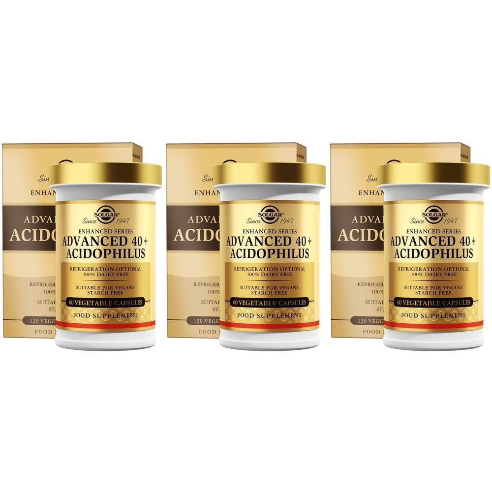 Drie flessen Solgar Advanced 40+ Acidophilus in gouden verpakking.