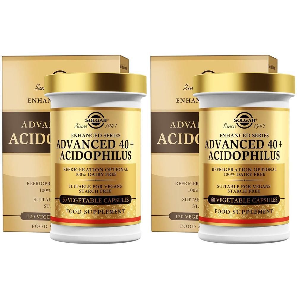 Solgar Advanced 40+ Acidophilus: Twee potten met 120 plantaardige capsules.