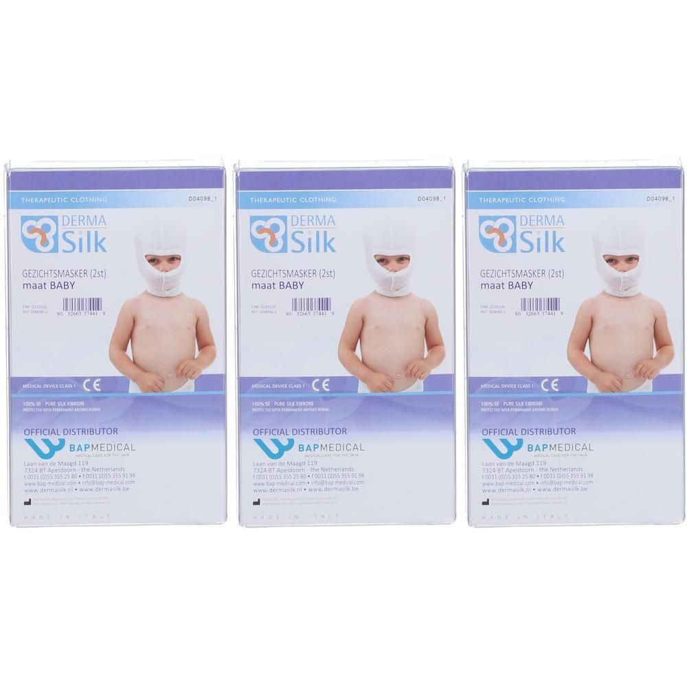Drie verpakkingen DermaSilk baby gezichtsmasker. Witte maskers met oog- en mondopeningen op verpakkingen met baby-afbeelding.
