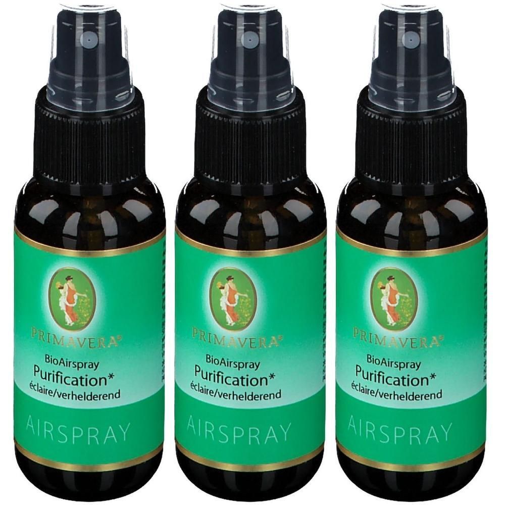 Trois flacons pulvérisateurs Primavera BioAirspray Purification avec bouchons noirs et étiquettes vertes.