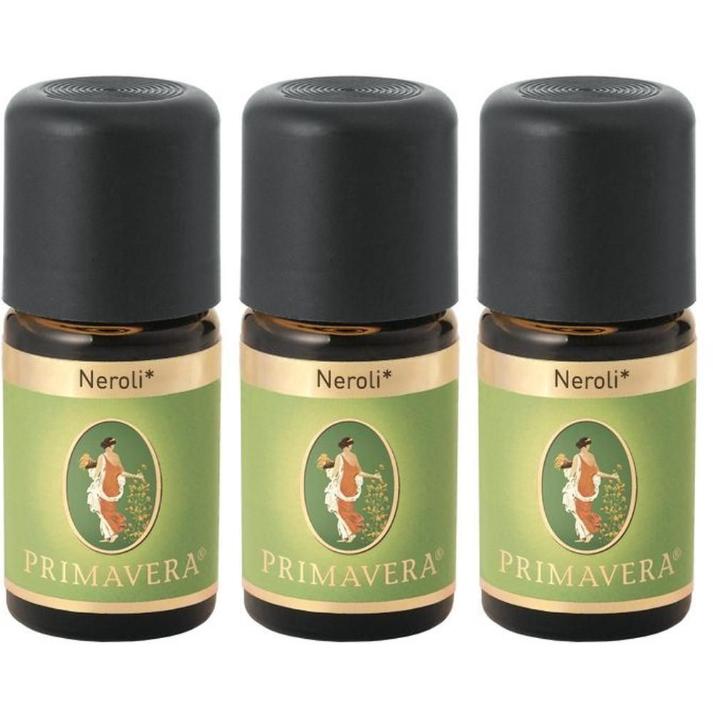 Drie Primavera Neroli etherische olie flesjes met zwarte doppen en groene etiketten.