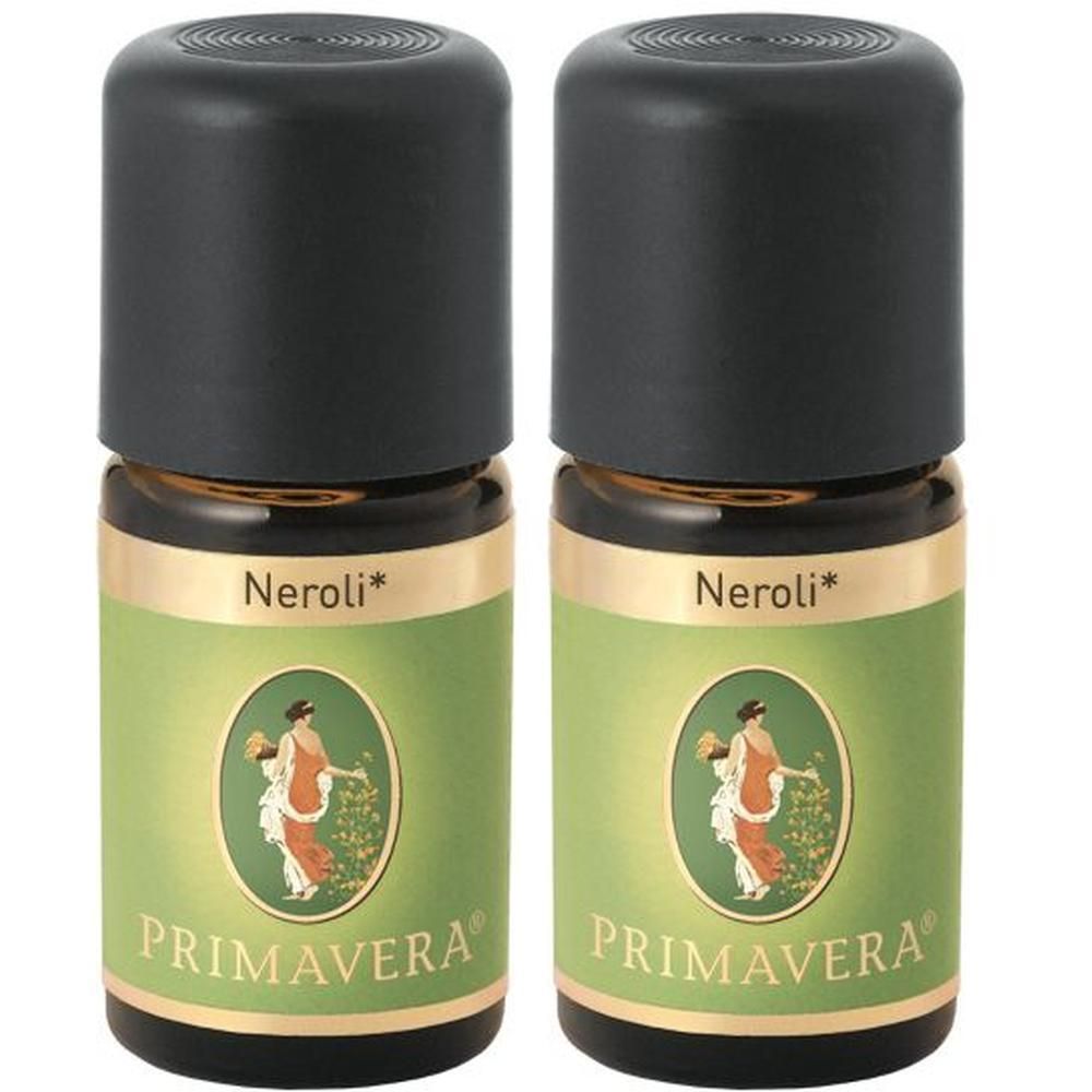 Deux flacons d'huile essentielle Primavera Neroli avec bouchons noirs et étiquettes vertes représentant une silhouette féminine.
