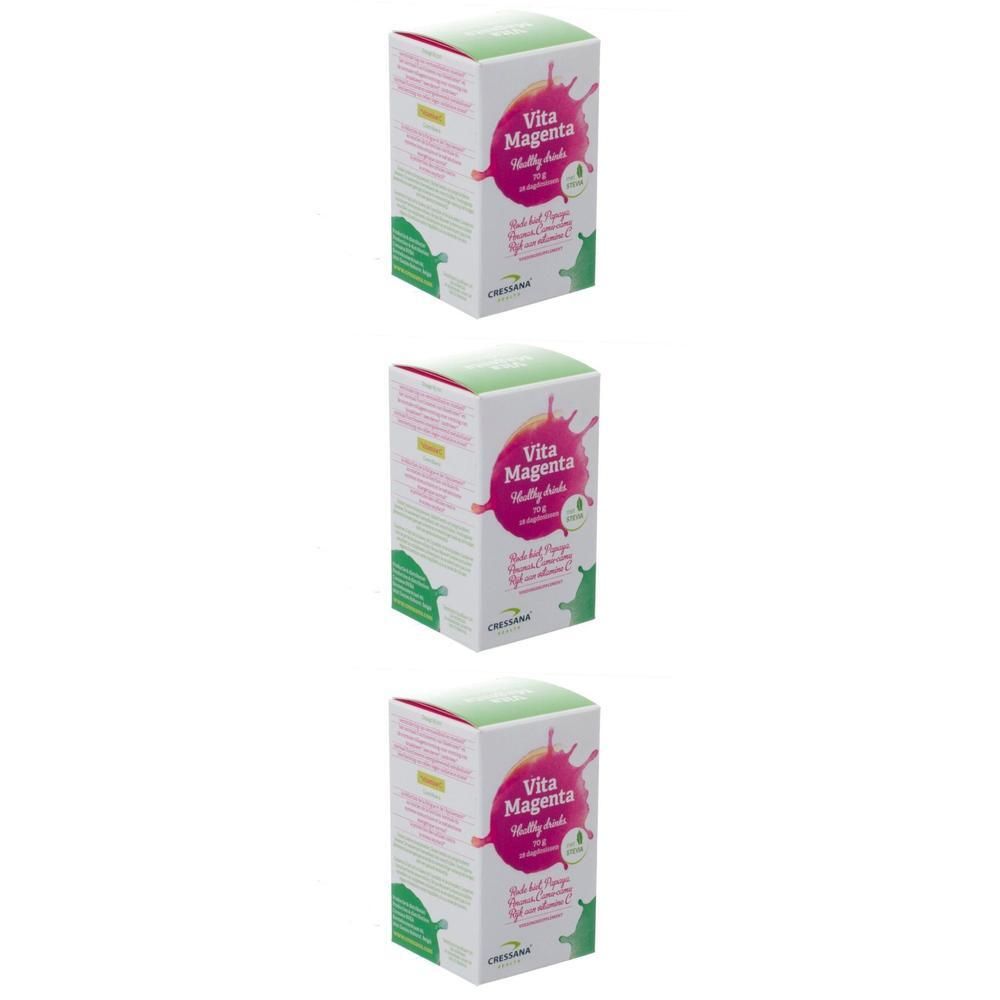 Trois boîtes de Cressana Vitamagenta, boissons saines.
