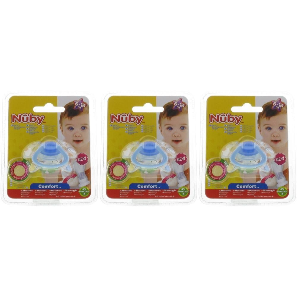 Sucette Nuby en emballage blister avec image de bébé. Sucette bleue avec bouclier transparent.