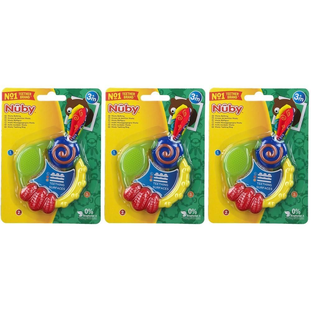 Nuby bijtring in vogelvorm met gekleurde oppervlakken en groeven.
